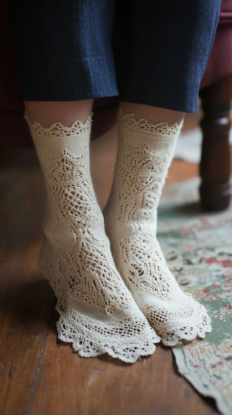 Lace crochet socks are making a charming comeback, adding a touch of vintage allure to modern wardrobes. These delicate, intricately designed socks are perfect for those who love to blend comfort with style. Ideal for layering, wear them with ankle boots or slip them on over tights for a unique twist to your outfit. To keep them looking beautiful, hand wash in cold water and lay flat to dry to maintain their shape and texture. Avoid machine drying, as this can cause elongation or damage. Crochet Socks, Cozy Style, Modern Wardrobe, Lace Crochet, Cozy Fashion, Lace Knitting, Beautiful Hand, Knitting Socks, Your Outfit