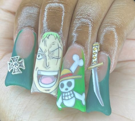 Zoro Nails, Luffy Nails, Hunter X Hunter Nails, Pirate Nail Art, French Tip Set, Pirate Nails, Green French Tip, Please Respond, Flag Symbol