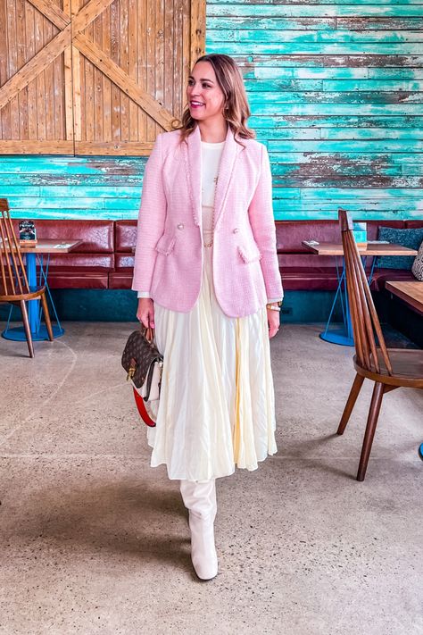 Elegant Pink Winter Blazer, Pink And Cream Outfit, Pink Tweed Blazer And Skirt Outfit, Pink Blazer Outfit Classy, Pink And Khaki Outfit, Mint Blazer Outfit, Pink Tweed Blazer Outfit, Chic Pink Tweed Blazer, Dress And Knee High Boots