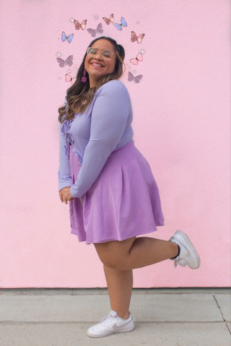 Plus size pastel aesthetic out fit inspiration #plussizefashion Pastel Outfit Plus Size, Purple Outfits Plus Size, Danish Pastel Outfits Plus Size, Pastel Outfits Aesthetic Plus Size, Kawaii Plus Size Fashion, Preppy Plus Size Outfits, Plus Size Coquette Aesthetic, Plus Size Girly Outfits, Plus Size Kidcore