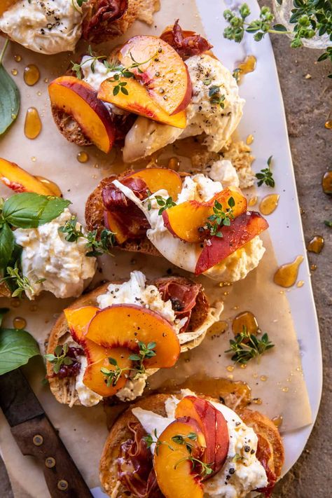 Peach Burrata Parmesan Crostini with Hot Honey | halfbakedharvest.com Peach And Burrata Toast, Peach Burrata Bruschetta, Half Baked Harvest Appetizer Recipes, The Half Baked Harvest, Peach Buratta Crostini, Peach Prochutto Appetizer, Brunch Recipes Fancy, Crostini With Burrata, Peach Goat Cheese Crostini