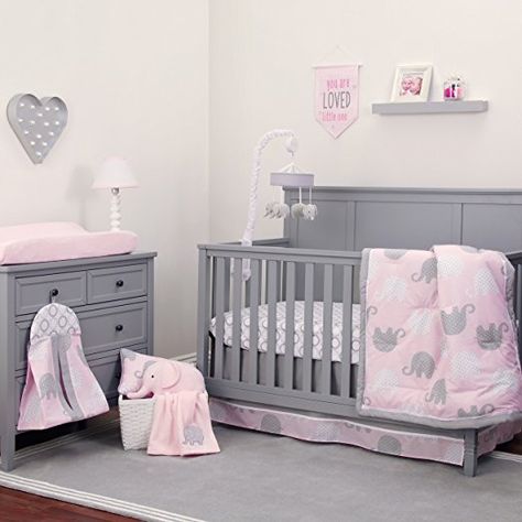 NoJo Dreamer - Pink/Grey Elephant 8 Piece Comforter Set Elephant Baby Bedding, Elephant Crib Bedding, Baby Elephant Nursery, Grey Crib, Girls Bedding Sets, Circle Print, Bedding Sets Online, Baby Bedding Sets, Crib Sets