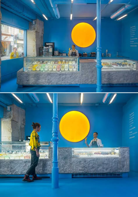 A Bold Color Palette Sets The Personality Of This Ice Cream Shop In Spain Ice Cream Display Counter, Frozen Yogurt Shop Design, Modern Ice Cream Shop, Counter Display Design, Ice Cream Shop Design, Frozen Yogurt Store, Ice Cream Counter, Ice Cream Display, Ice Cream Store