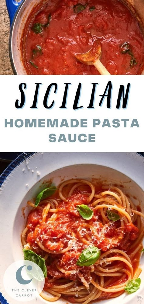 This Sicilian-style sauce is quick, authentic, and homemade. It's made with only onions, tomatoes, and herbs giving it an earthy, simple, and delicious flavor. It's a little sweet, perfectly savory, and cooks up in 40 minutes. Homemade Italian Tomato Sauce, Sicilian Recipes Authentic, The Clever Carrot, Clever Carrot, Homemade Pasta Sauce, Italian Tomato Sauce, Pasta Sauce Homemade, Homemade Sauce Recipes, Italian Dinner Recipes