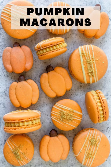 Pumpkin Macaron, Pumpkin Macarons, French Macaroon Recipes, Macarons Macaroons, Macaron Filling, Macaroon Cookies, Pumpkin Cream Cheese, Macaron Flavors, Macaron Cookies