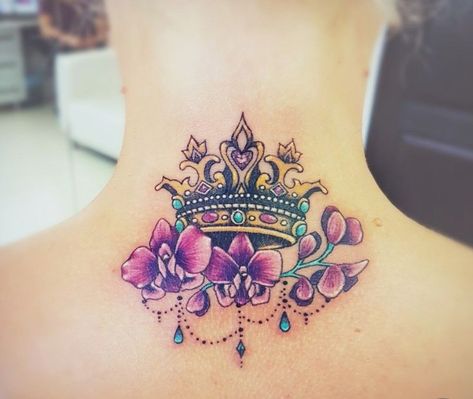 Crown Flower Tattoo, Flower Crown Tattoo, Tiara Tattoo, Queen Crown Tattoo, Crown Tattoos For Women, Floral Back Tattoos, Purple Tattoos, Girl Arm Tattoos, Upper Back Tattoos