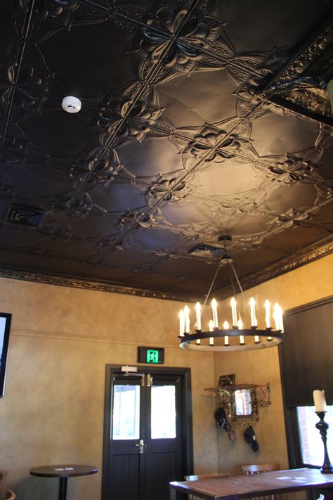 Pressed tin ceiling  Willow Tree Inn Stamped Tin Ceiling, Old Barber Shop, Tin Wainscoting, Pressed Metal Panels, Tin Backsplash Kitchen, Painting Panels, Metal Ceilings, Shop Counters, Pressed Tin Ceiling