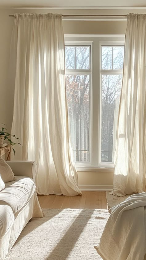 Add an eco-friendly touch to your windows with DIY organic cotton curtains! This sustainable project uses natural, breathable fabric that’s both stylish and gentle on the environment. Perfect for anyone looking to create a greener home with beautiful, toxin-free decor. 🌿🪟 #OrganicCotton #EcoFriendlyDecor #DIYCurtains #SustainableLiving Privacy Curtains That Let In Light, Light Airy Curtains, Bedroom Drapery Ideas Master, Curtains Green Bedroom, Aesthetic Curtains Bedroom Window, White Room Curtain Ideas, Curtain Inspiration Bedroom, Pretty Curtains Bedroom, Temporary Curtain Ideas