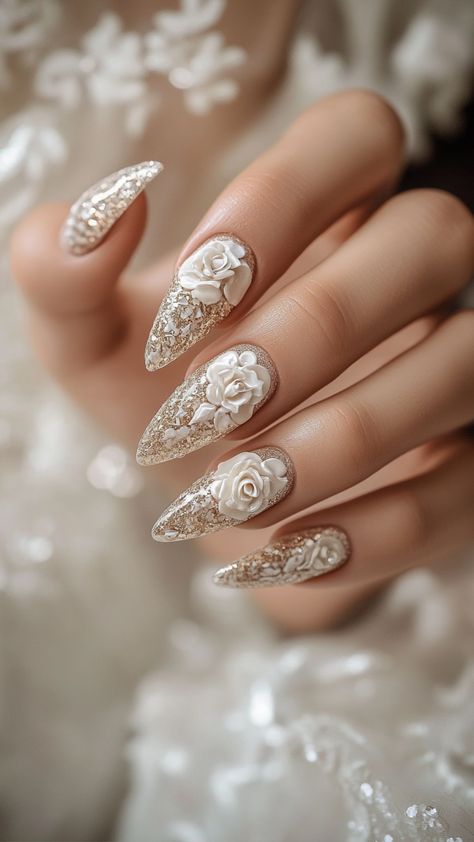 Elegant wedding nails with a mix of classic and trendy designs, perfect for brides seeking subtle sophistication or bold statements on their big day. Bachelorette Nails The Bride Fun, Wedding Nails For Bride Bridal Sparkle, Nail Bride Wedding, Bridal Nail Art Designs Wedding Day, Wedding Nail Designs For Bride, New Trendy Nail Art Designs, Bumblebee Nails, Nailart Wedding, Bride Nail Art