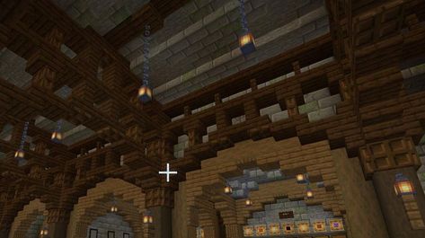 Minecraft Coridoor, Minecraft Vaulted Ceiling, Minecraft Guild Hall Interior, Minecraft Interior Design Storage, Minecraft Trading Hall Interior, Ceiling Ideas Minecraft, Ceiling Design Minecraft, Minecraft Town Hall Interior, Minecraft Ceiling Ideas