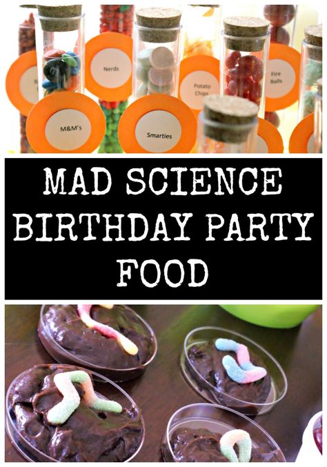 Mad Science Birthday Party Food Mad Scientist Desserts, Science Party Snack Ideas, Science Themed Food Ideas, Science Food Party, Science Party Favors Goodie Bags, Scientist Party Food, Mad Scientist Cupcakes, Mad Science Party Food, Science Party Decorations Diy