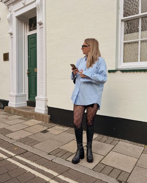 gosia joanna • outfit inspo on Instagram: “casual monday 🦋 {outfit link in story/bio} . . #blueshirt #guccitights #guccitights #kneehighboots #kneeboots #winterboots #heeledboots…” Blue Oversized Shirt Outfit, Casual Monday Outfit, Black Gucci Tights, Autumn Winter Aesthetic, Blue Oversized Shirt, Chunky Knee High Boots, Gucci Tights, Oversized Shirt Outfit, Monday Outfit