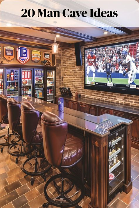 Deck out your man cave with memorabilia from your favorite sports teams. Man Cabin Ideas, Sports Bar Man Cave, Farmhouse Man Cave, Home Sports Bar, Sports Bar Basement Ideas, Mancave Decor Ideas, Men Cave, Man Cave Bar Ideas, Sports Bar Decor Basement