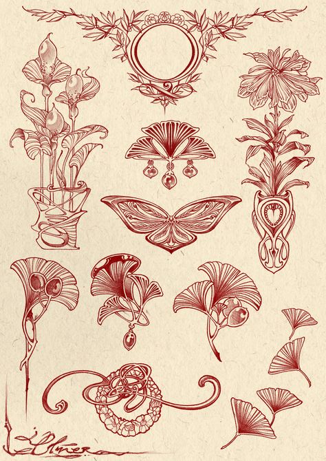 Art Nouveau Daffodil Tattoo, Art Deco Tattoo Design, Art Noveau Flores, Art Nouveau Ornaments, Art Nouveau Tattoos, Art Nuevo Tattoo, Art Nouveau Packaging, Art Nouveau Tattoo Sleeve, Art Nouveau Design Illustration