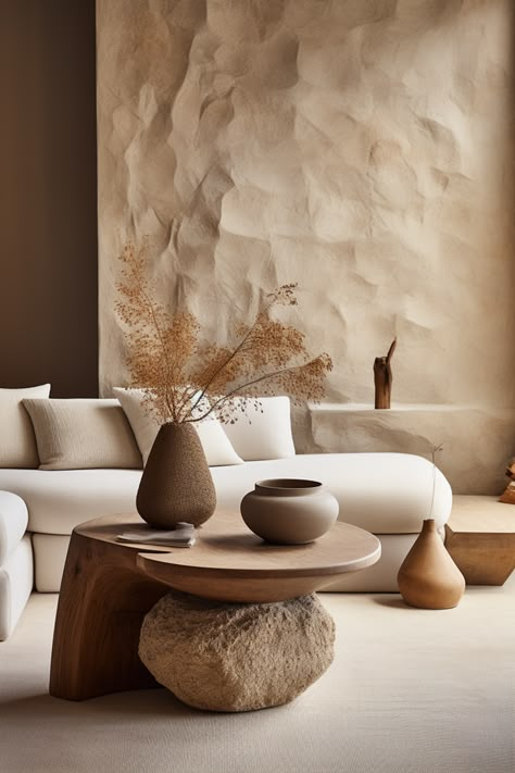 Infuse your space with #Japandi-inspired serenity using a stone-inspired side table, earthy tones, and emotive lighting. A captivating blend of southern countryside charm and boho chic style awaits. #JapandiDesign #BohoChicLiving #SculptedSerenity #HomeDecor #InteriorInspo #TranquilSpaces #EarthTonesDecor Stone Inspired Interior, Texture In Interior Design Spaces, Side Wall Table Decor Living Room, Japandi Stone Wall, Wabi Sabi Table Decor, Earthy Tone Interior Design, Earthy Design Interiors, Earthy Style Living Room, Earthy Tones Decor