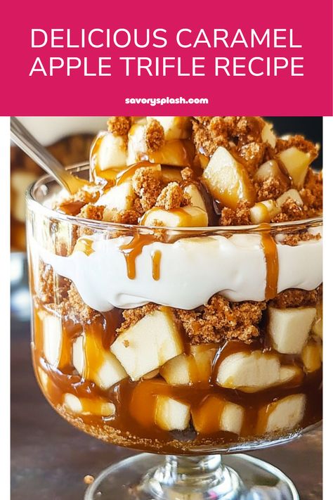 Satisfy your sweet tooth with this scrumptious Caramel Apple Trifle! Perfect for family gatherings, holiday get-togethers, or just a cozy night in. Layers of creamy vanilla pudding, crunchy caramelized apples, and decadent whipped cream make this dessert a hit! Easy to prepare and irresistibly good, it captures the classic taste of grandma's caramel apples in a fun, modern twist. Ideal for serving at celebrations or as a sweet surprise for your loved ones. Get ready for compliments on this show-stopping treat! Apple Spice Cake Trifle, Caramel Apple Pudding Dessert, Classic Trifle Recipes, Apple Crisp Trifle Desserts, Breakfast Trifle Brunch, Truffle Dish Desserts, Carmel Apple Cheesecake Trifle, Apple Crisp Trifle, Caramel Apple Cheesecake Trifle