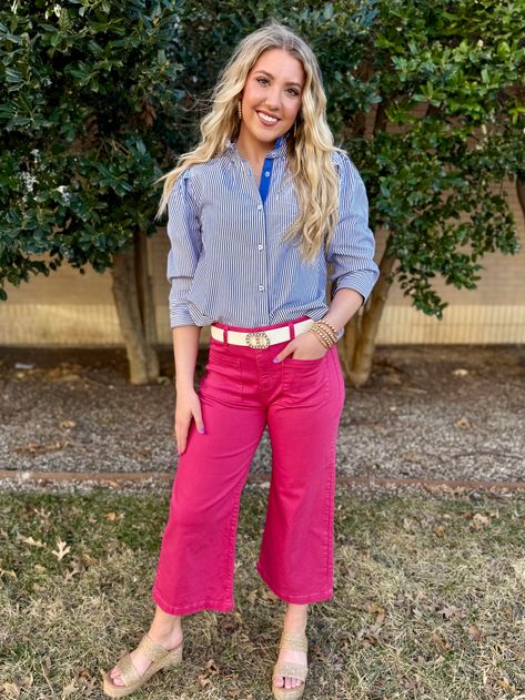 Refer to waist measurement for sizing Great stretch Non distressed Trouser style front pockets Crop length 10.5" Rise 24" inseam 65% Cotton, 31% Rayon, 2% Elasterell, 2% Spandex Size Compatibility: 1/26, 3/27, 5/28, 7/29, 9/30, 11/31, 13/32 The Picking Posies Hot Pink Wide Leg Crop Jean by Sneak Peek is such a cute Spring jean. We love the cheerful pink color. The wide leg and trouser pockets make them so easy to dress up. We love them paired with a Blue and White Striped Blouse. Be prepared for Trouser Style, Waist Measurement, Cute Spring, Striped Blouse, Be Prepared, Sneak Peek, Pink Color, Hot Pink, Wide Leg