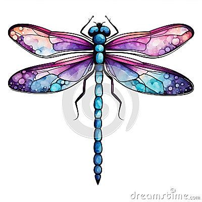 colorful-watercolor-illustration-dragonfly-detailed-wings-image-showcases-vibrant-hues-artistic-finesse-creating-dazzling-artistic-insect-depiction-white-backdrop-stylized-dragonfly-vibrant-watercolor-like-wings-wings-mix-purple-pink-blue-green-hint-orange-dragonfly-s-body-deep-blue-black-outlines-image-has-whimsical-artistic-feel-colors-textures-giving-unique-captivating-look-dragonfly-depicted-white-background-enhancing-its-vivid-appearance-generated-ai Dragon Fly Drawings, Orange Dragonfly, Dragonfly Images, Dragonfly Drawing, Fly Drawing, Outline Images, Vibrant Watercolor, Dragonfly Art, Dragon Fly