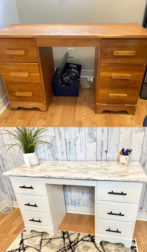 Desk Update Diy, Refinish Wooden Desk, Desk Revamp Diy, Desk Renovation Diy Paint, Desk Flipping Ideas, Desk Renovation Diy, Desk Before And After, Upcycle Desk Ideas, Office Desk Refinishing Ideas