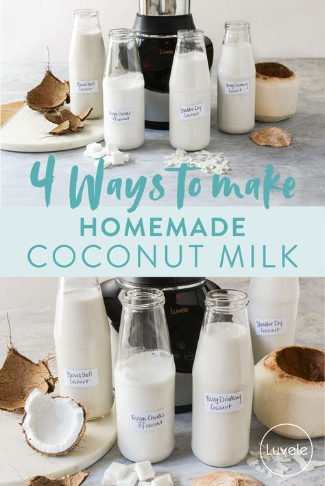 Homemade coconut milk or cream 4 ways! Homemade Coconut Milk Recipes, How To Make Coconut Milk At Home, How To Make Coconut Milk, Luvele Recipes, Diy Coconut Milk, Homemade Coconut Cream, Homemade Coconut Yogurt, Homemade Coconut Milk, Almond Cow