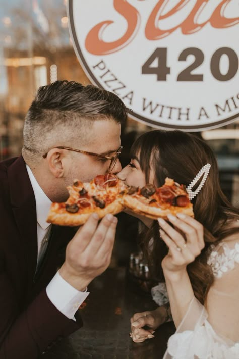 Pizza At Wedding, Pizza Wedding, Slice Pizza, Courthouse Wedding Photos, Sunrise Elopement, Colorado Springs Wedding, Elopement Colorado, Best Places To Elope, Romantic Photoshoot