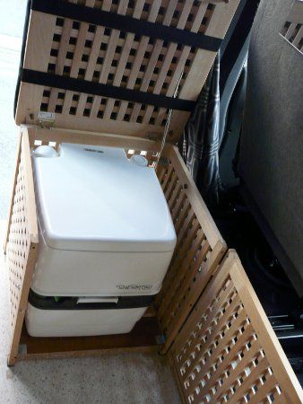 Toilet box open - ready for action! Camper Toilet Ideas, Ikea Hol, Toilet Camping, Camping Gear Checklist, Auto Camping, Camper Awnings, Camping Van, Camping Toilet, Sprinter Camper