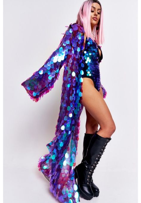 Purple Iridescent Sequin Maxi Kimono Festival Outfits Rave, Fest Outfits, Mode Kimono, Iridescent Sequin, Maxi Kimono, Kimono Coat, Looks Party, Disco Outfit, Sequin Maxi