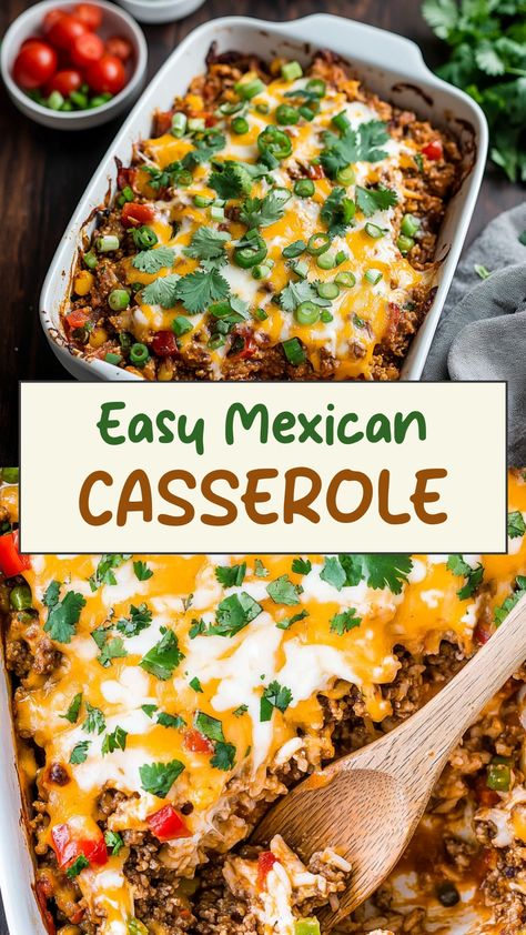 Indulge in the delicious flavors of a Mexican casserole that will satisfy your craving for a warm and comforting meal. This easy-to-make dish is packed with layers of savory ingredients like seasoned ground beef, melted cheese, corn tortillas, and zesty salsa. Perfect for busy weeknights or laid-back weekends, this Mexican casserole is sure to become a family favorite. Serve it with a dollop of sour cream and fresh cilantro for an extra burst of flavor. Simple Mexican Casserole, Mexican Potluck Dishes For Work, Mexican Fiesta Casserole, Mexican Casserole With Ground Turkey, Spanish Casserole Recipes, Mexican Inspired Recipes, Best Mexican Casserole Recipes, Make Ahead Mexican Casserole, Me Ican Food Ideas