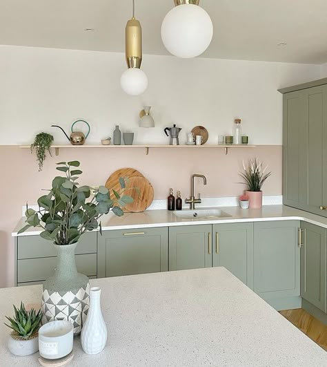 Setting Plaster And Green Kitchen, Pastel Kitchen Walls, Setting Plaster Colour Palette, Setting Plaster Kitchen Walls, Coloured Cabinets Kitchen, Setting Plaster Kitchen, Pastel Kitchen Cabinets, Pastel Green Kitchen, Green Cupboards