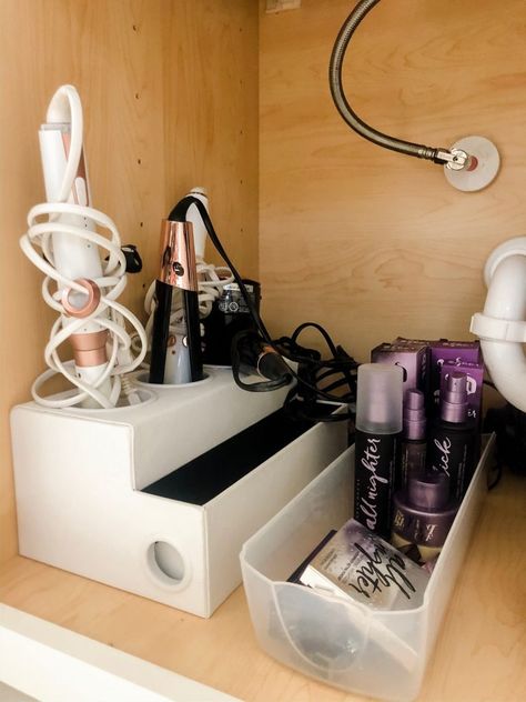 The Best Way to Store Your Curling Iron & Hot Tools - Veronika's Blushing 2 Tier Lazy Susan, Sink Storage, Organization Inspiration, How To Store, Hot Tools, Hot Iron, Blow Dryer, Tool Holder, Curling Iron