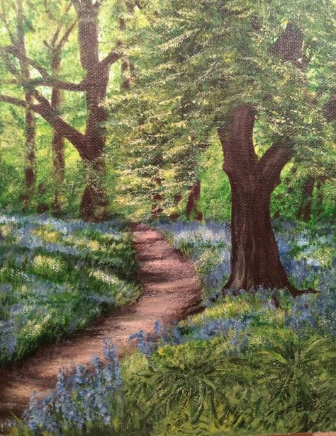 Sunlit path through Bluebell woods...Derbyshire....Acrylic painting Forest Aesthetic Painting Easy, Painting Ideas Forest Easy, How To Paint A Forest Acrylic, Spring Forest Painting, Forest Canvas Painting Easy, Forest Easy Painting, Fairycore Painting Ideas, Tree Paintings Acrylic, Forest Painting Aesthetic