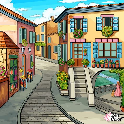 Cartoon Neighborhood, Neighborhood Drawing, Shops Illustration, Town Drawing, Watercolor House Painting, Drawing Scenery, 3d Wall Painting, Drawing Ideas List, Zen Colors