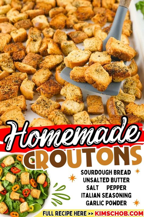 Pan of homemade croutons with a serving spatula, and a salad in a small image. Cracker Barrel Croutons Recipe, Baked Croutons Homemade, Texas Roadhouse Croutons, Croutons Homemade Oven, How To Make Croutons From Bread, Home Made Croutons Recipe, Diy Croutons, Homemade Croutons Easy, Home Made Croutons