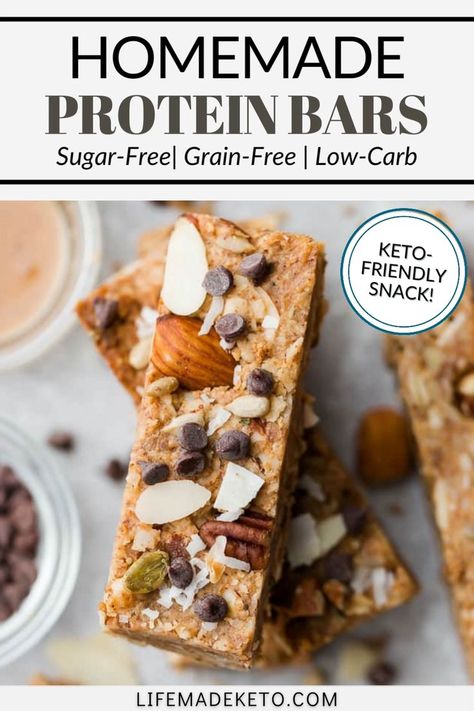 Low-Carb Protein Bars are easy to customize when you make your own sugar-free & grain-free protein bars at home. You can pack them with a ton of wholesome & feel-good ingredients. These chewy bars are healthier, more delicious, and take no time at all to make! Sugar-Free Low-Carb Protein Bars are soft, chewy, and the perfect keto-friendly after work or snack on the go. Grain Free Protein Bar, Best Homemade Protein Bars, Paleo Protein Bar, Healthy Low Carb Snacks On The Go, Low Carb Protein Bar, High Protein Low Carb Breakfast Bars, High Protein Bars Homemade Low Carb, Low Carb Breakfast Bars Recipes, Keto Nut Bars