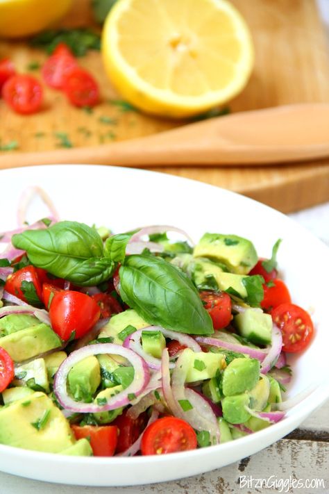 Avocado Salad - A healthy and colorful salad featuring avocado, tomato, cucumber, basil and a splash of lemon! Wedding Entrees, Wedding Food Menu, Caprese Skewers, Wedding Appetizers, The Wedding Cake, Reception Food, Fish Salad, Main Course Recipes, Martha Stewart Weddings