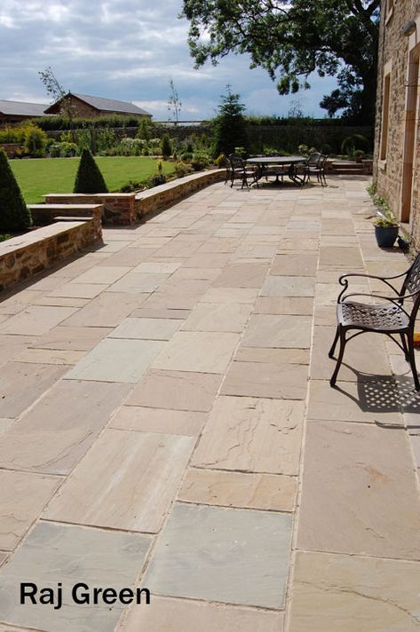 Raj Green Patio Paving Slabs. Natural Indian Sandstone in Mixed Sizes Sandstone Patio, Sandstone Paving Slabs, Stone Patio Designs, Indian Sandstone, Patio Paving, Garden Patio Ideas, Stone Patios, Paving Ideas, Patio Steps