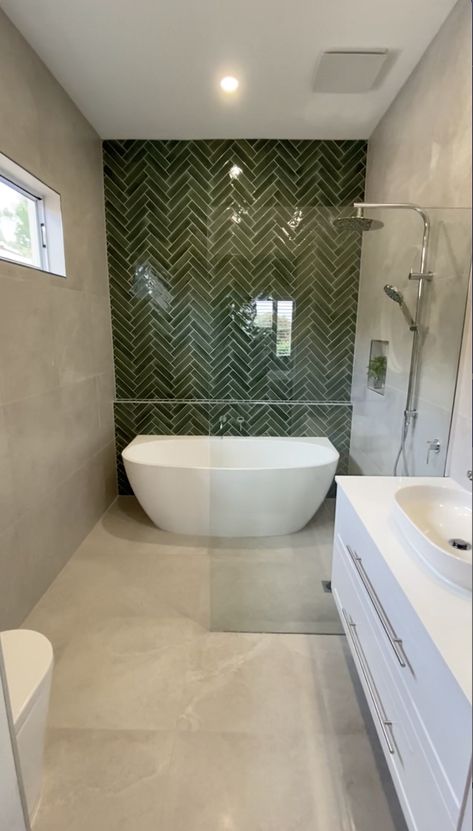 jade green bathroom / wet room Ensuite Green Tiles, Partly Tiled Bathroom, Whole Tiled Bathroom, Large Tiled Bathrooms, Green Tile Wet Room, Green Tile Ensuite, Bath On Platform, Green Tile Feature Wall Bathroom, Jade Green Bathroom Ideas