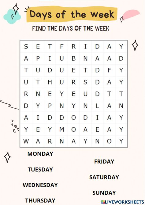 Days Of The Week Word Search, English Excercise, Days Of The Week Worksheet, Teaching Calendar, Holiday Homework, Reading Comprehension Kindergarten, English Activities For Kids, First Grade Worksheets, Learning English For Kids