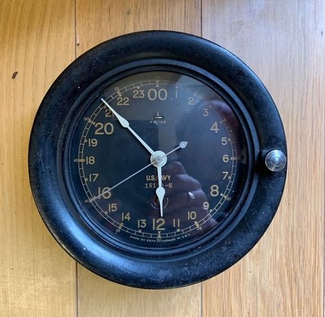 1930s Seth Thomas Ships Bulkhead Clock - The Chimes, Whaley Bridge, UK Us Navy Clock, Ships Clock, Seth Thomas, Black Wall Clock, Antique Clock, Time After Time, Antique Clocks, Large Wall Clock, Gifts For Office