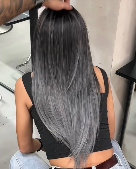 Brown Hair Silver Balayage, Grey Hair With Black Roots, Black To Platinum Balayage, Silver Ends Hair, Black And Silver Hair Ideas, Ash Grey Ombre Hair, Black To Silver Ombre Hair, Black Hair With Silver Underneath, Ash Gray Highlights On Black Hair