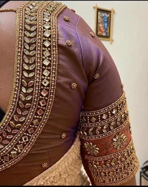 Brown Color Blouse Design, Kundan Maggam Work Blouses, Ariwork Blouse Hand Design, Puttas Blouse, Kundan Blouse Designs, Brown Blouse Design, Copper Zari Aari Work Blouse, Aari Work Blouse Aari Work Blouse Simple Design, Aari Work Blouse Simple Design For Hand