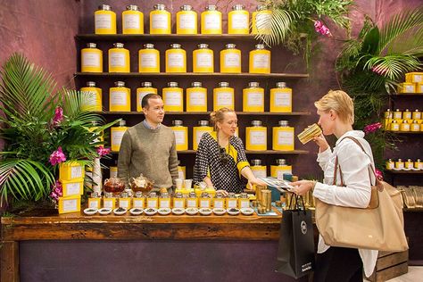 Sunday In New York, Tea Display, Tea Station, Ad Home, Stall Designs, Tea Brands, Canary Yellow, Loose Leaf Tea, Architectural Digest