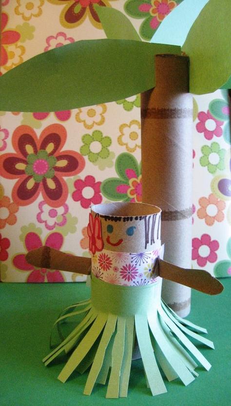 Hula Girl Paper Roll Craft with a Paper Roll Palm Tree // For more family resources visit www.tots-tweens.com! :) Luau Crafts, Hawaii Crafts, Hawaiian Crafts, Hawaii Theme, Roll Craft, Crafts For Preschoolers, Family Resources, Grass Skirt, Luau Birthday Party