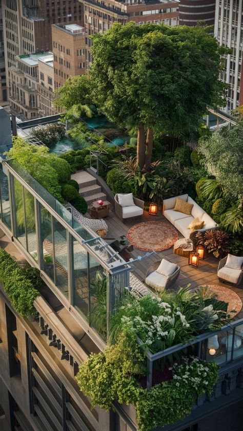 Escape to the Rooftop Jungle, an elevated green space with glass railings, lush plants, and cozy seating areas. This urban oasis offers a serene retreat above the bustling city. #RooftopJungle #ElevatedEscape #GreenSpace #UrbanOasis #CozySeating Rooftop Garden With Pool, Glass Rooftop Terrace, Green Roof Design Rooftop Terrace, Apartment Rooftop Design, Private Rooftop Terrace, Rooftop Plants Ideas, Rooftop Garden Plan, Rooftop Garden Architecture, Rooftop Flat