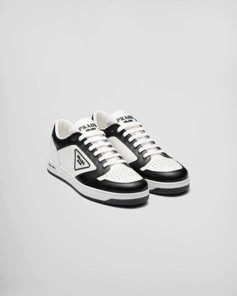 Prada Sneakers Women, Leather Sneakers Outfit, Designer Sneakers Women, Prada Sneakers, Dr Shoes, Black Leather Sneakers, Prada Logo, Black And White Sneakers, Womens Sandals Summer