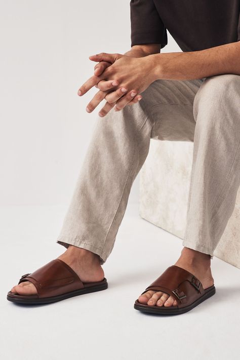 Step into comfort this summer with our mens brown leather mules. In a classic slip-on silhouette, these sandals feature a soft leather upper with buckle detailing. Complete with cushioned footbeds for all day comfort, this is one pair guaranteed to be a footwear favourite. Upper - Leather, Lining & Sock - Leather, Sole - Other Materials. Drew Clothes, Footwear Shoot, Mens Mules, Men Footwear, Men Sandals, Sandals For Men, Mens Leather Sandals, Men's Sandals, Trainer Boots