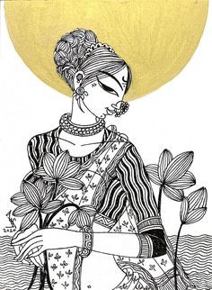 Bring home Lady with Lotus - a unique piece of art by the most loved Varsha Kharatmal. Find the art you love on Artflute.com. Saree Illustration Art, Women Drawing Sketches, Madhubani Lotus, Indian Woman Art, Indian Contemporary Art, Ancient Indian Art, Ancient Drawings, Mughal Art Paintings, Pen Art Work