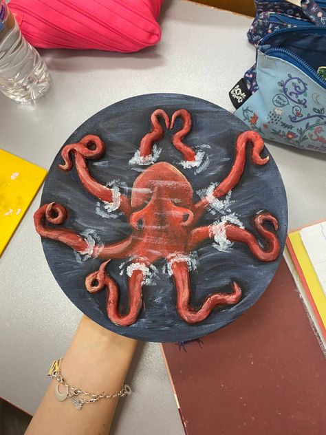 Painting With 3d Elements, Octopus Diy Craft, Studio Art Projects, Unique Art Projects For High School, Octopus Canvas Painting, Paintings With Clay, 3d Painting With Clay, Clay Painting Ideas On Canvas, Homemade Art Ideas