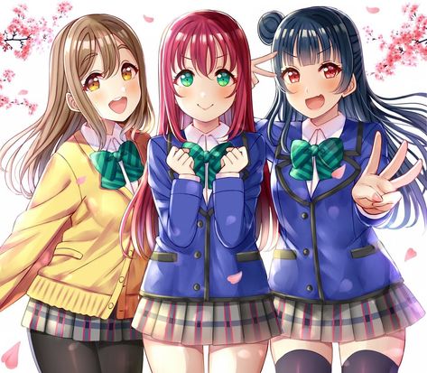 Tsushima Yoshiko, Ruby Kurosawa, 3 Best Friends, The Fallen Angel, Bff Drawings, Anime Group, Anime Friendship, Anime Sisters, Anime Muslim