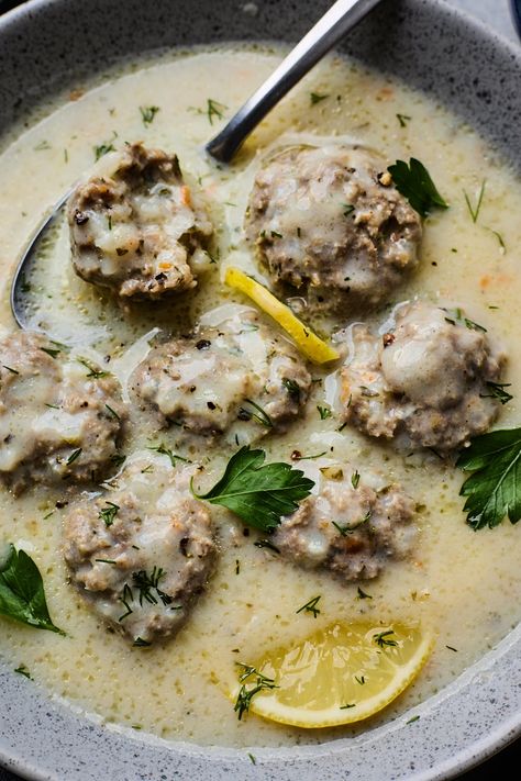 Youvarlakia Avgolemono (Lemony Greek Meatball Soup) | Olive & Mango Greek Meatball Soup, Youvarlakia Avgolemono, Greek Avgolemono Soup, Greek Soup, Greek Sauce, Avgolemono Soup, Meatball Soup Recipes, Easy Taco Soup, Greek Meatballs